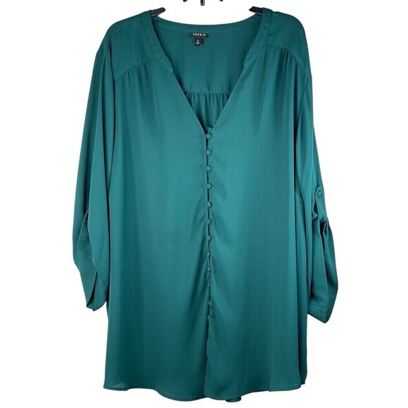 Torrid Women's Plus Size 5 (5X) Green Boho Hippie Tunic Roll Tab Sleeves V-Neck - Picture 1 of 6